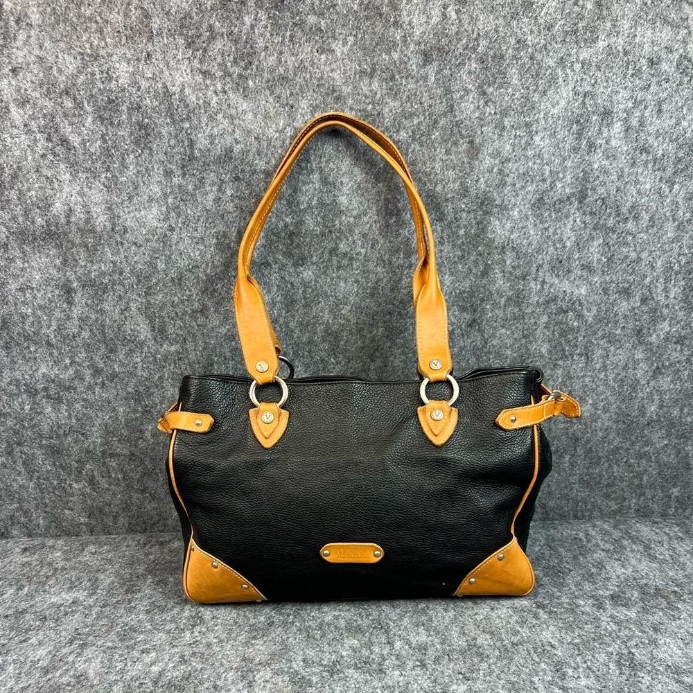 VALENTINA Mocha Leather Large Black and Tan Shoulder Bag Tote Bag Made In Italy